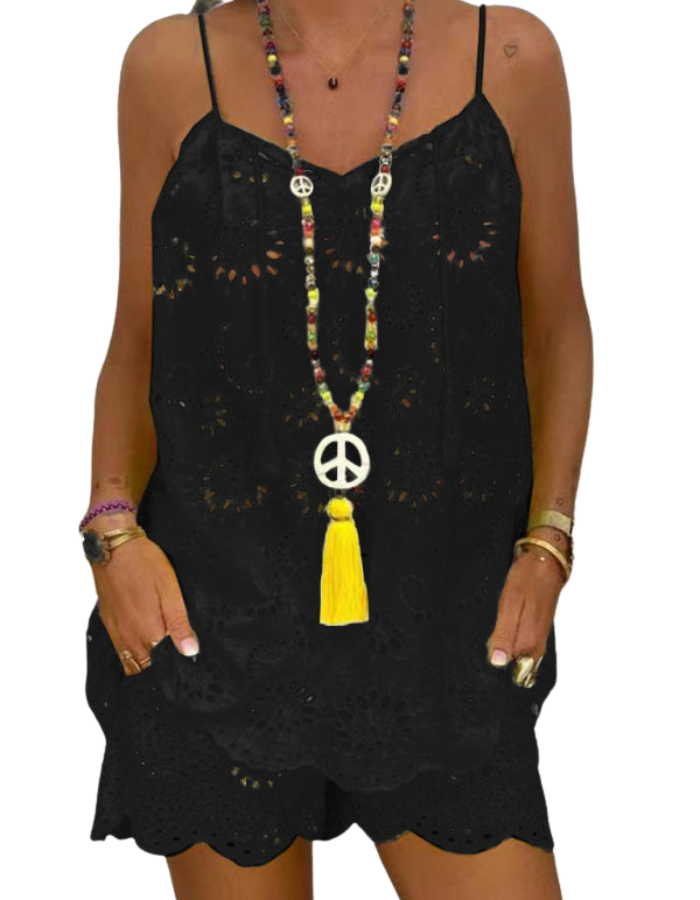 SHOPIQAT New Women's Sleeveless Drawstring Ruffled Hollow Camisole Embroidered Shorts Suit - Premium from shopiqat - Just $9.700! Shop now at shopiqat